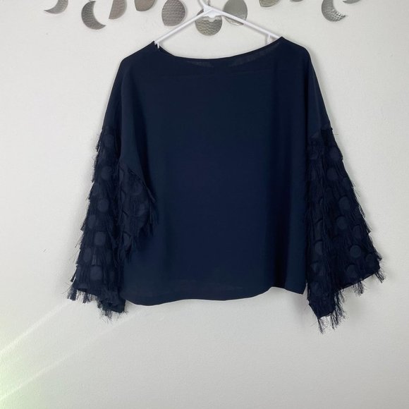 H&M Navy Sheer Sleeve Eyelash Polka‎ Dot Blouse - Picture 5 of 6